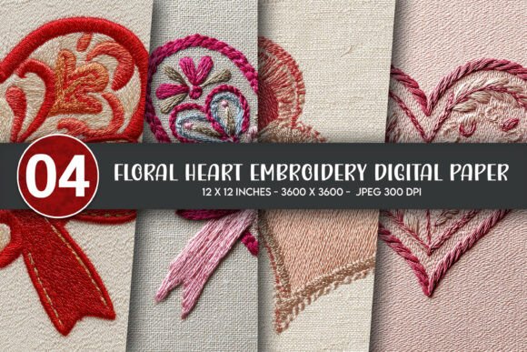 Download Floral Heart Embroidery Digital Paper - Floral heart embroidery Collection