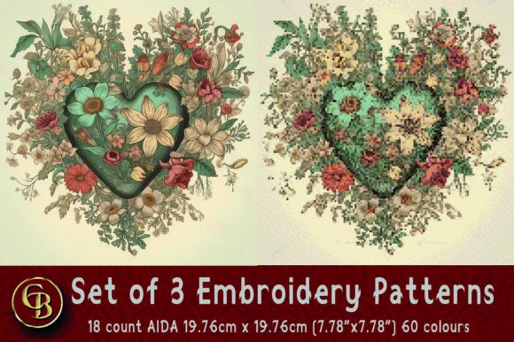 Download 3 Floral Heart Embroidery Patterns - Floral heart embroidery Collection